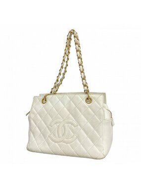 Chanel Chain Tote Quilted Caviar Leather White Champagne Gold